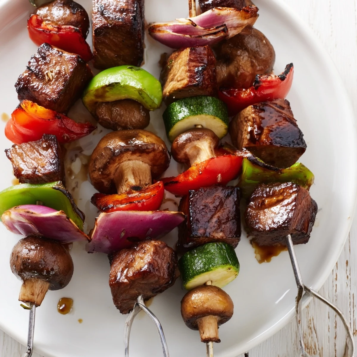Marinated Grilled Steak Kabobs skewered with zucchini, mushrooms, and colorful peppers