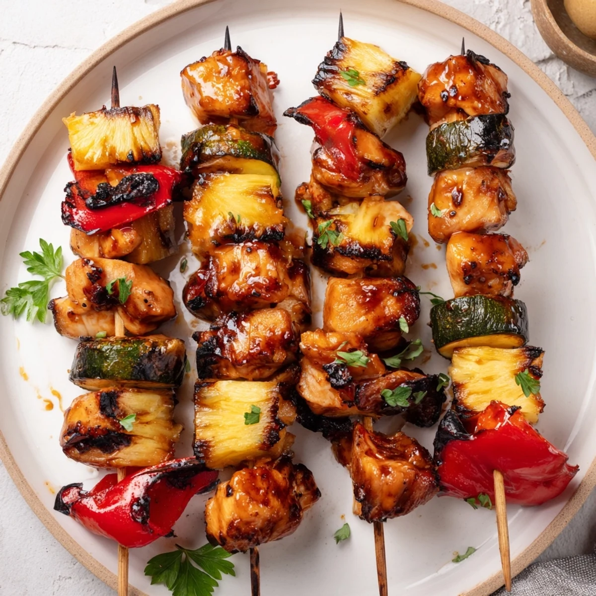 Grilled Chicken Kabobs With Pineapple And Zucchini sizzling, smoky charred edges and glaze.