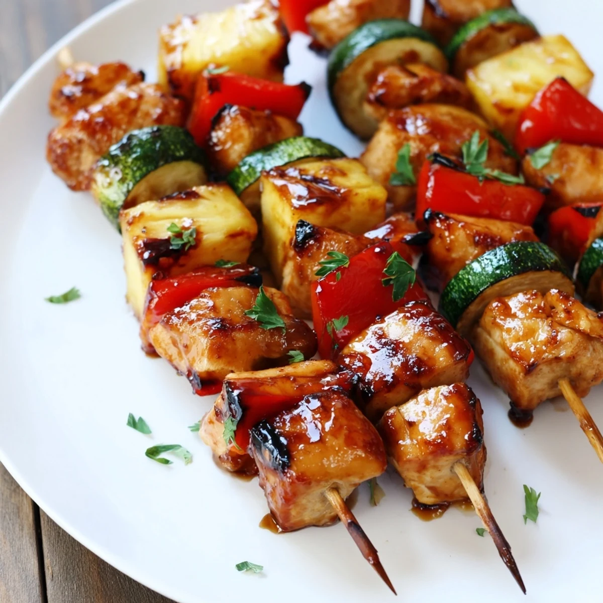 Bright summer skewers highlight Grilled Chicken Kabobs With Pineapple And Zucchini, garnished.