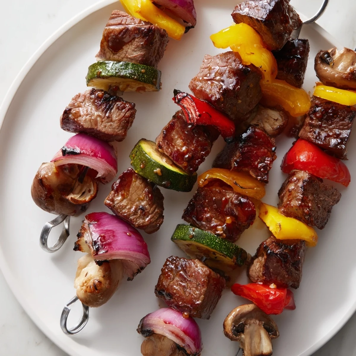 Grilled Steak Kabobs with charred bell peppers and juicy seared beef cubes