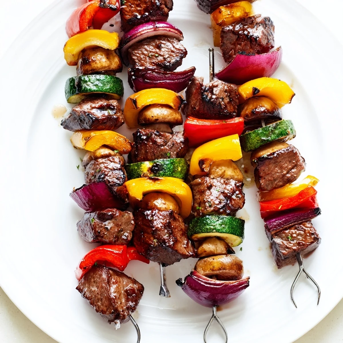 Colorful Steak Kabobs skewered with mushrooms, zucchini, and smoky grill marks