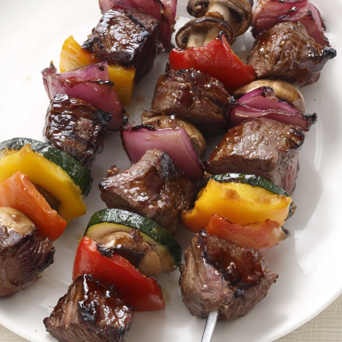 Marinated Steak Kabobs resting on platter, aromatic herbs and glistening juices