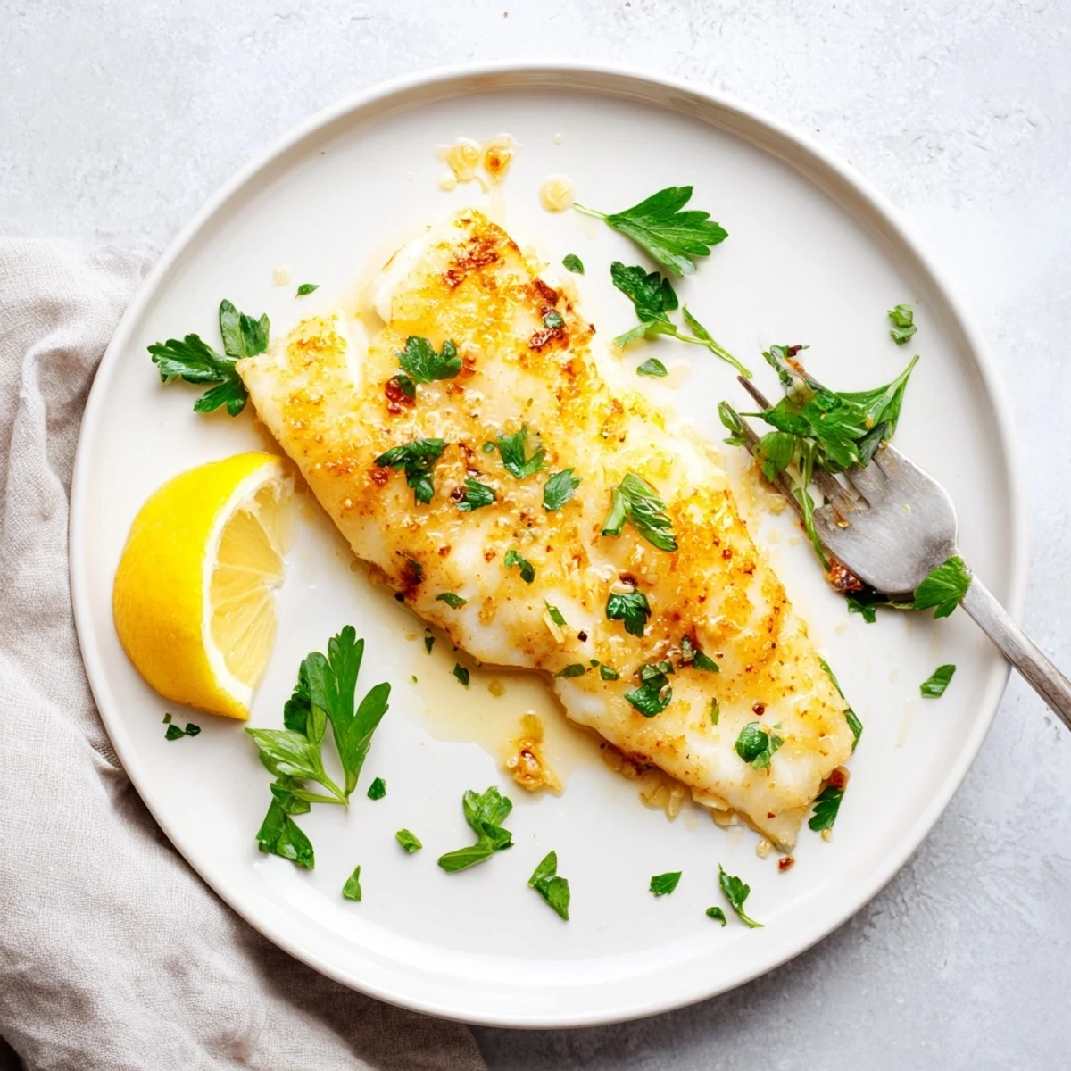 Golden pan-seared lemon garlic fish with fresh parsley garnish and lemon wedges on white plate