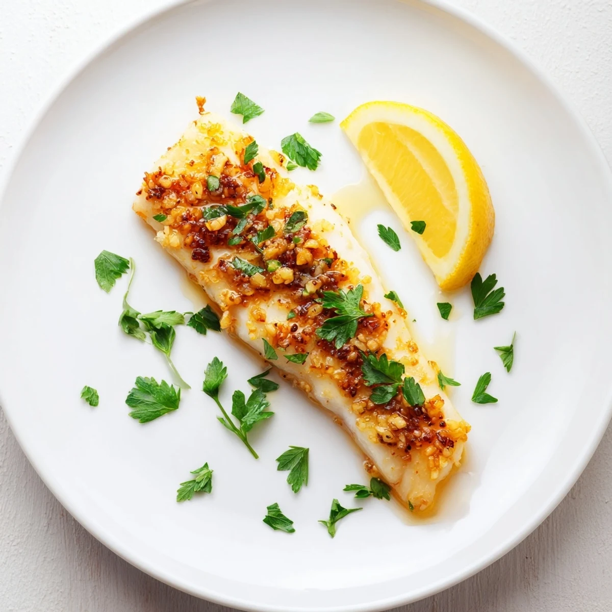 Baked white fish fillets marinated in zesty lemon juice minced garlic and olive oil until flaky
