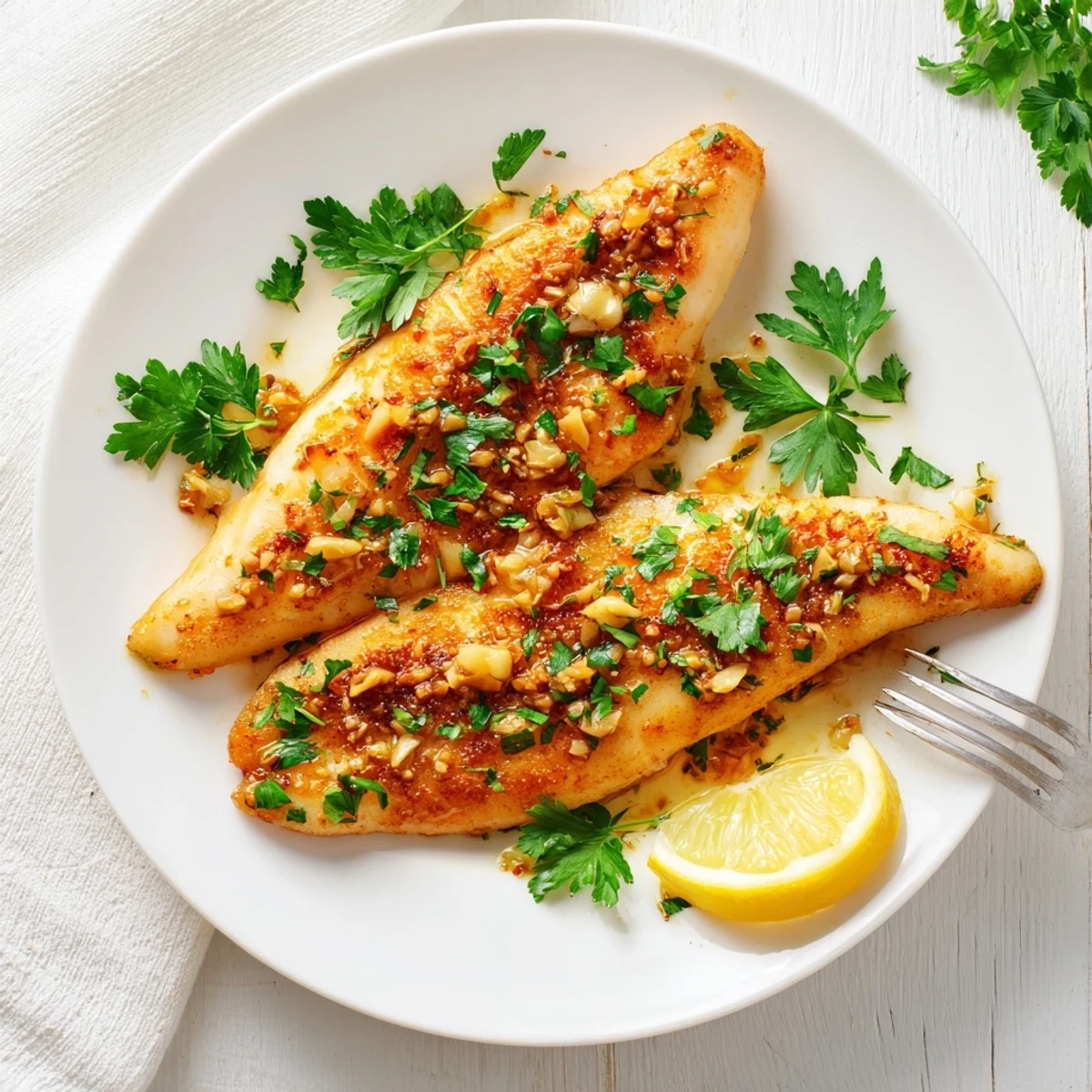 Mediterranean style lemon garlic fish served hot with herb seasoning and bright citrus accompaniments for dinner
