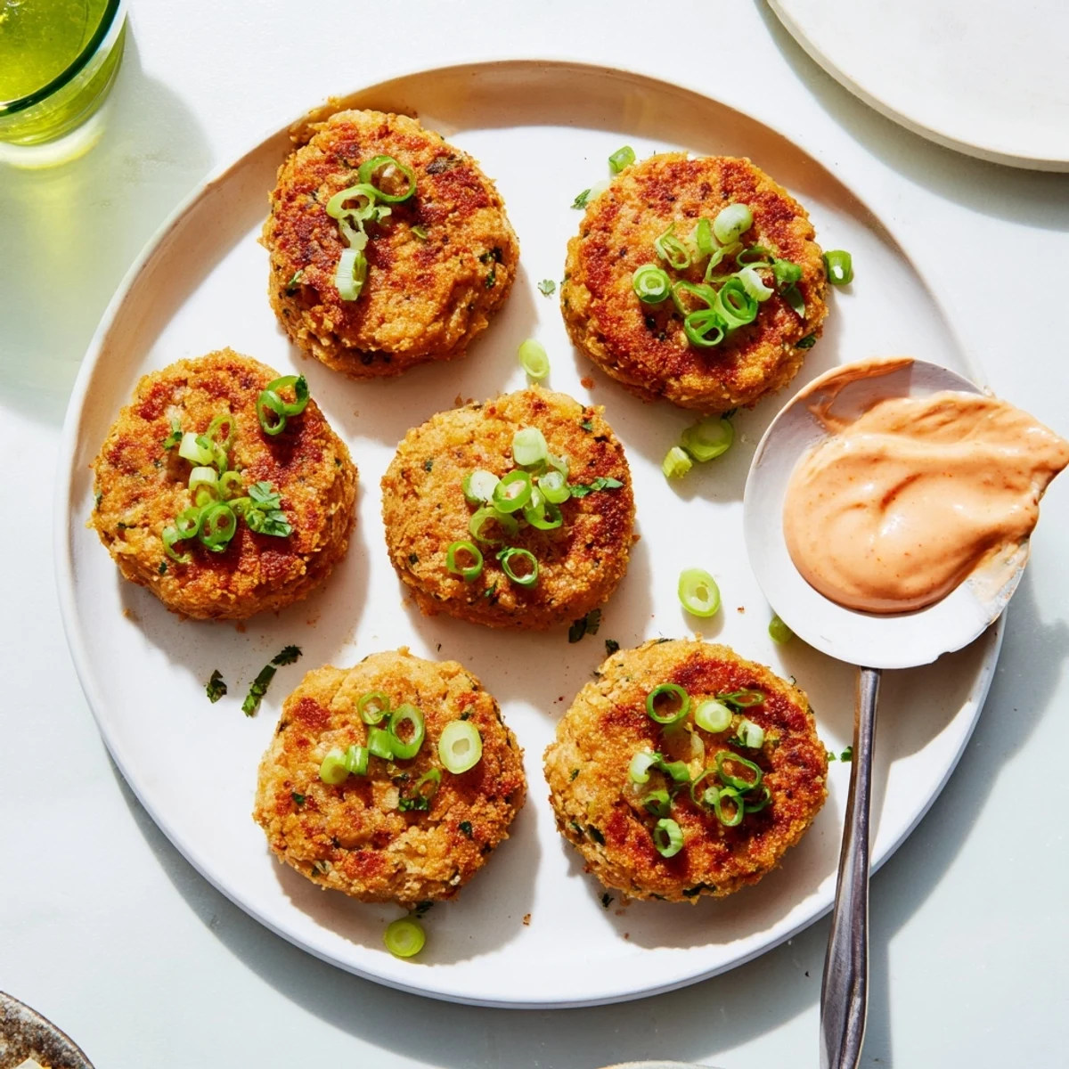 Golden Asian tuna cakes pan-fried to crispy perfection with spicy mayonnaise dipping sauce