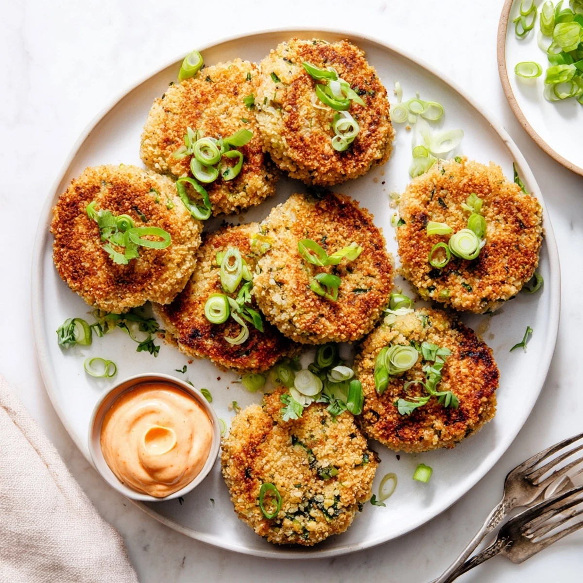 Savory tuna patties garnished with fresh cilantro and served alongside creamy Sriracha mayo