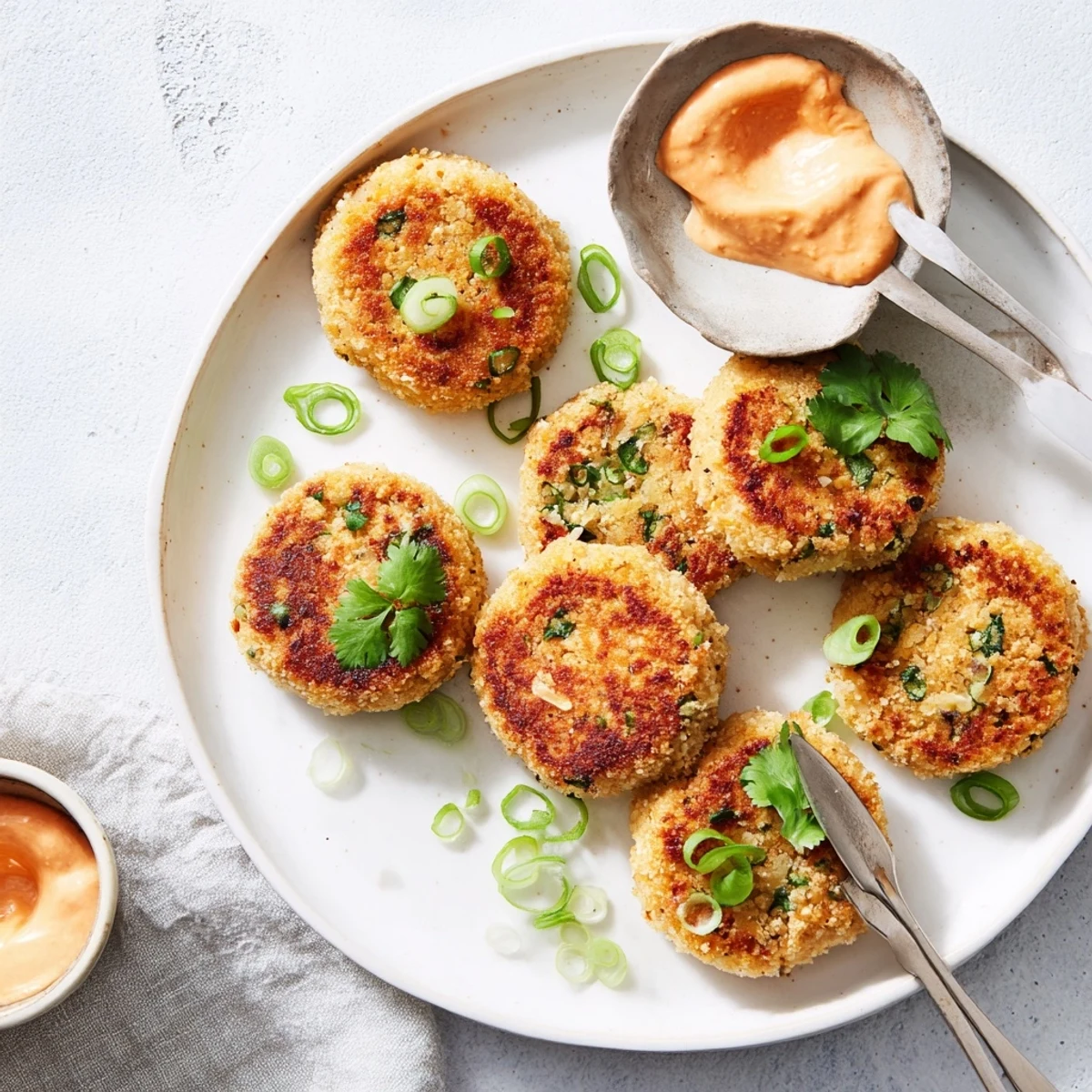 Plate of crispy Asian tuna cakes with zesty spicy mayo for dipping appetizer