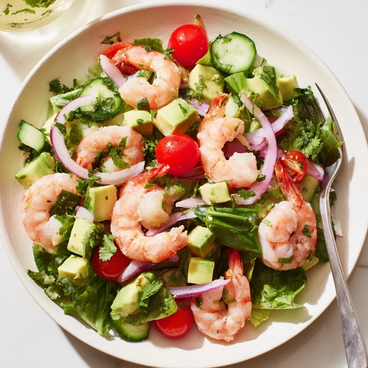 Colorful shrimp avocado salad recipe featuring succulent seafood, creamy avocado slices, and crisp mixed greens