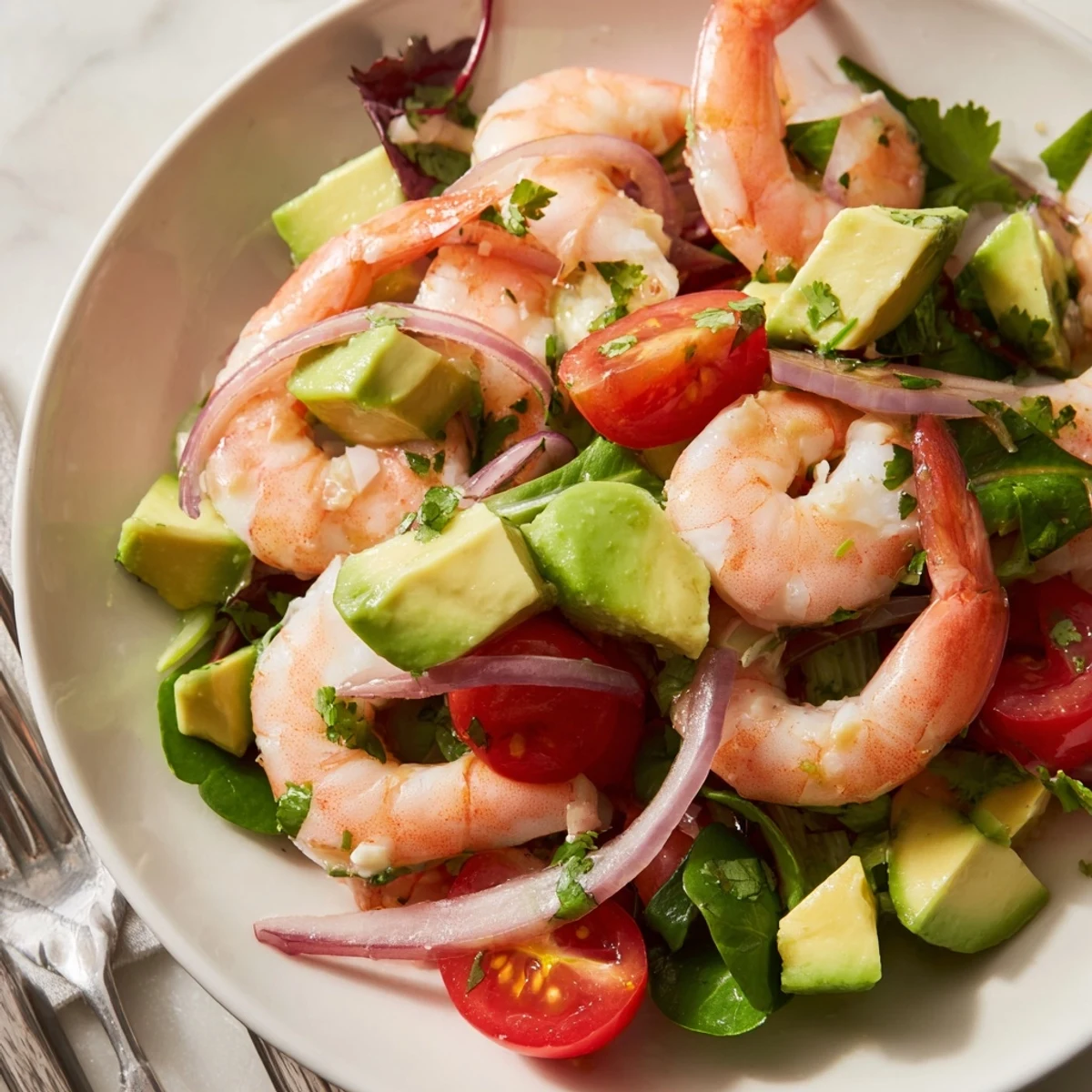 Light and refreshing shrimp avocado salad recipe tossed with zesty citrus dressing and garden vegetables