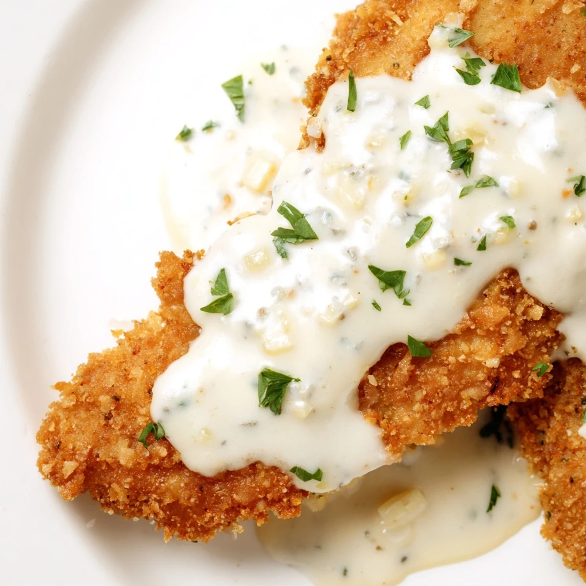 Golden brown crispy chicken breasts drizzled with rich Parmesan creamy sauce on a white plate