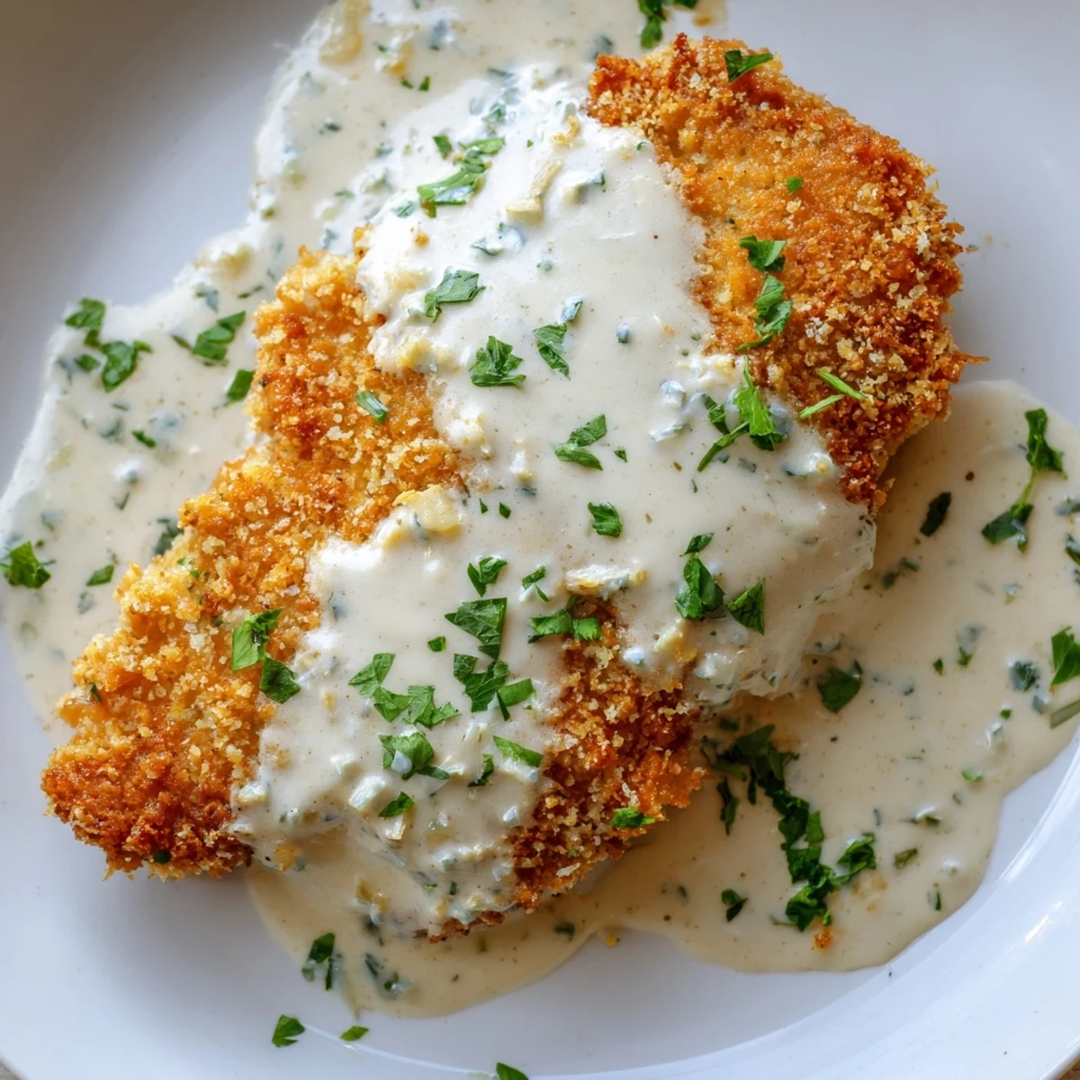 Juicy fried chicken cutlets with golden breadcrumb coating topped with velvety white garlic cream sauce