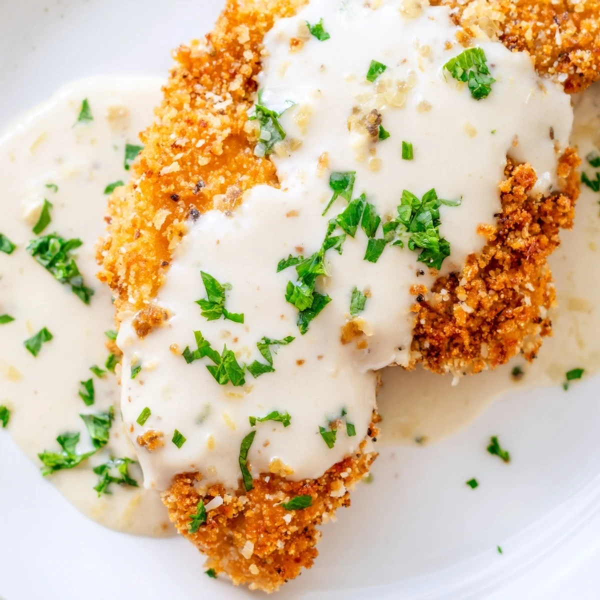 Crispy pan-fried chicken served smothered in a smooth buttery Parmesan cream sauce with fresh parsley