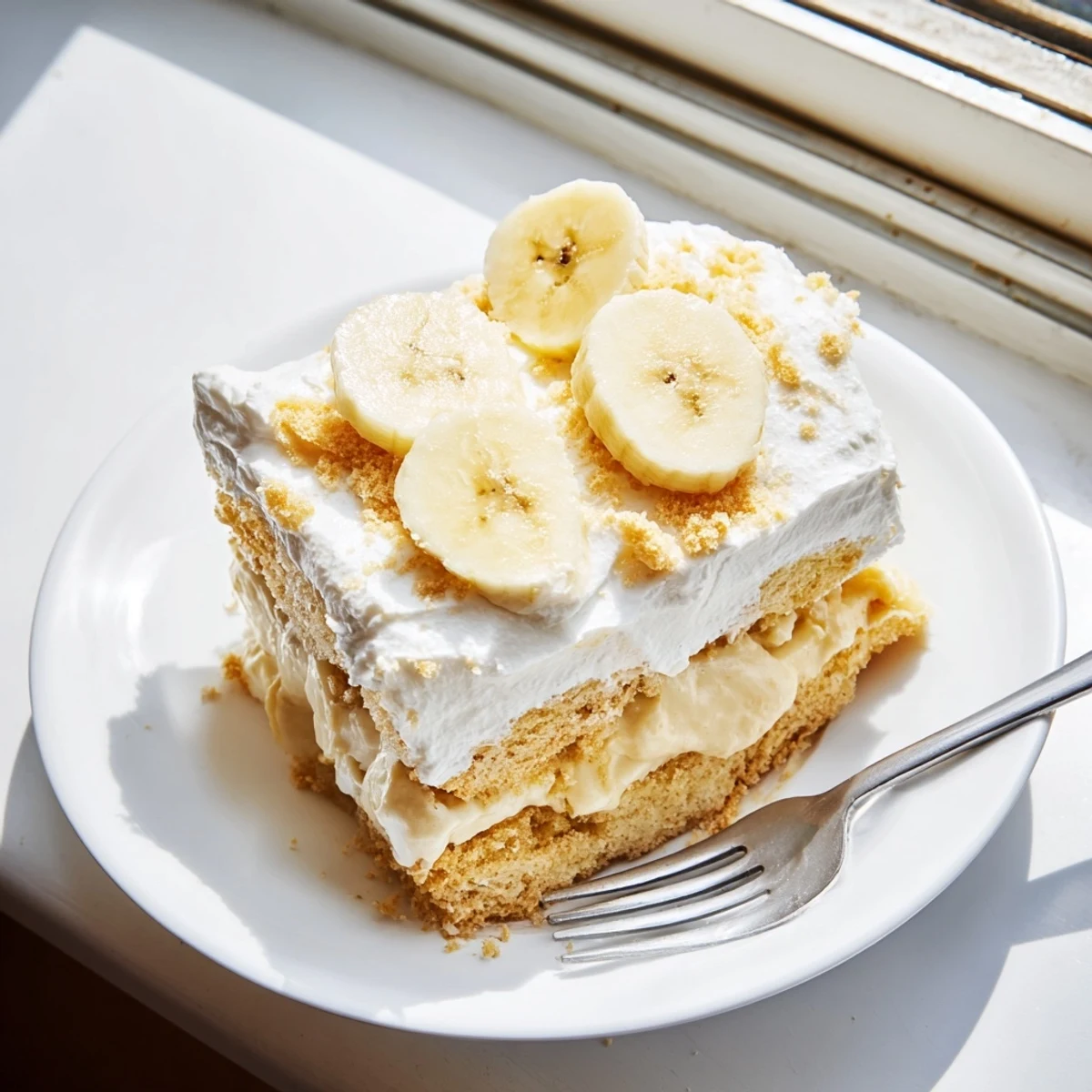Golden banana pudding cake with fluffy whipped cream topping and crushed vanilla wafer garnish