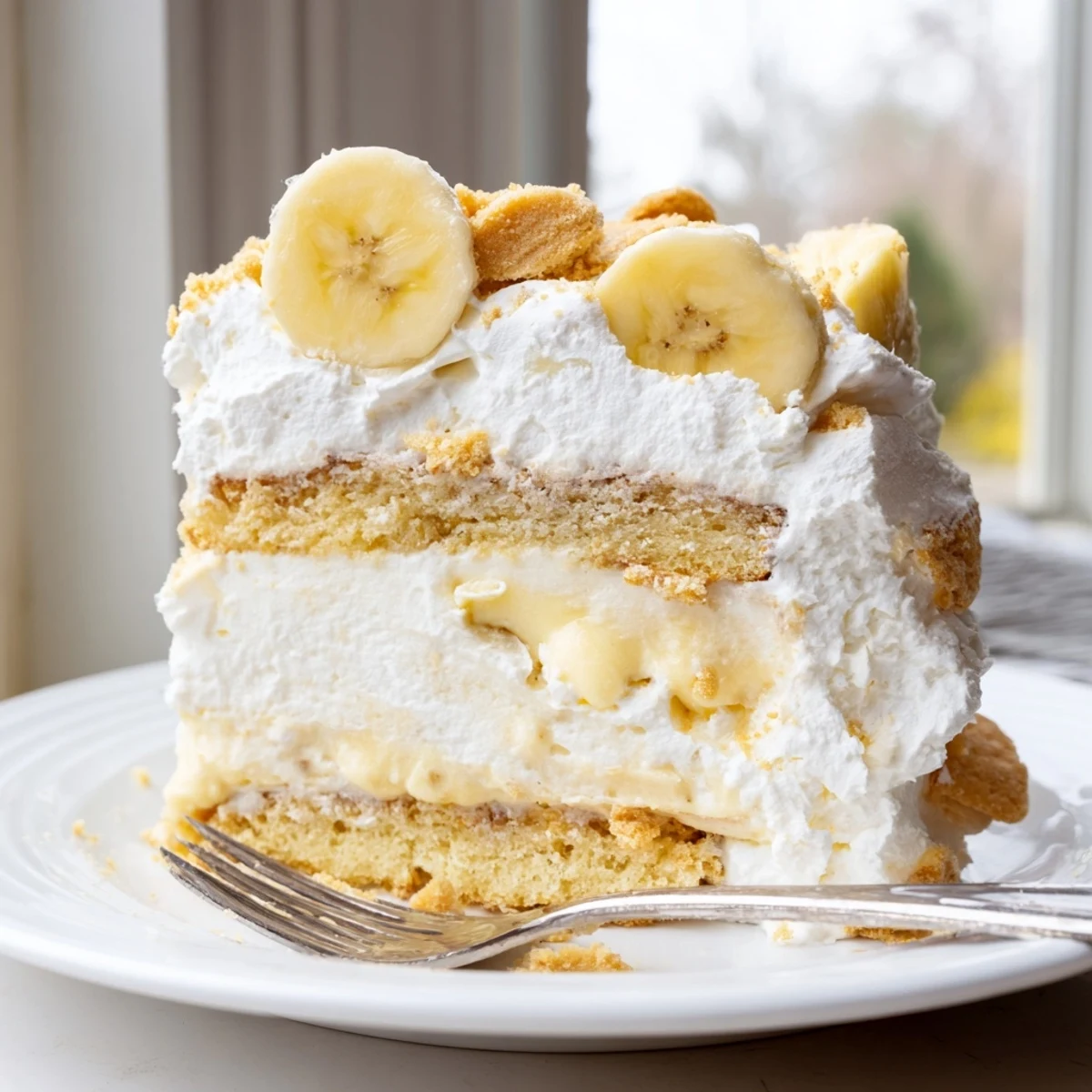 Two-layer banana pudding cake topped with sweet whipped cream and vanilla wafer crumbs