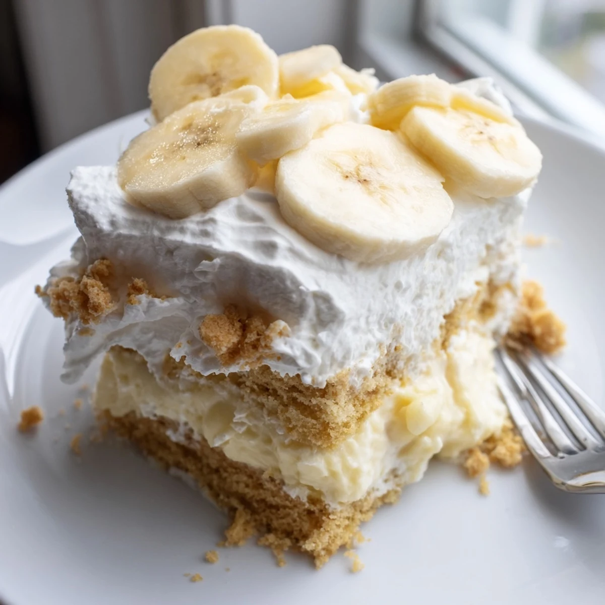 Moist banana pudding cake layered with creamy vanilla filling and fresh banana slices