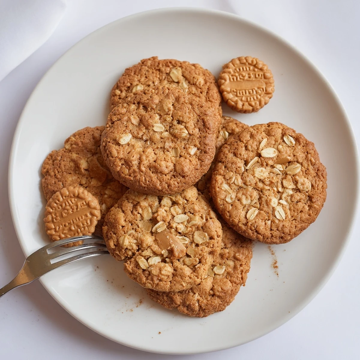 Golden Biscoff oatmeal lotus cookies stacked on a wooden board with scattered biscuit pieces