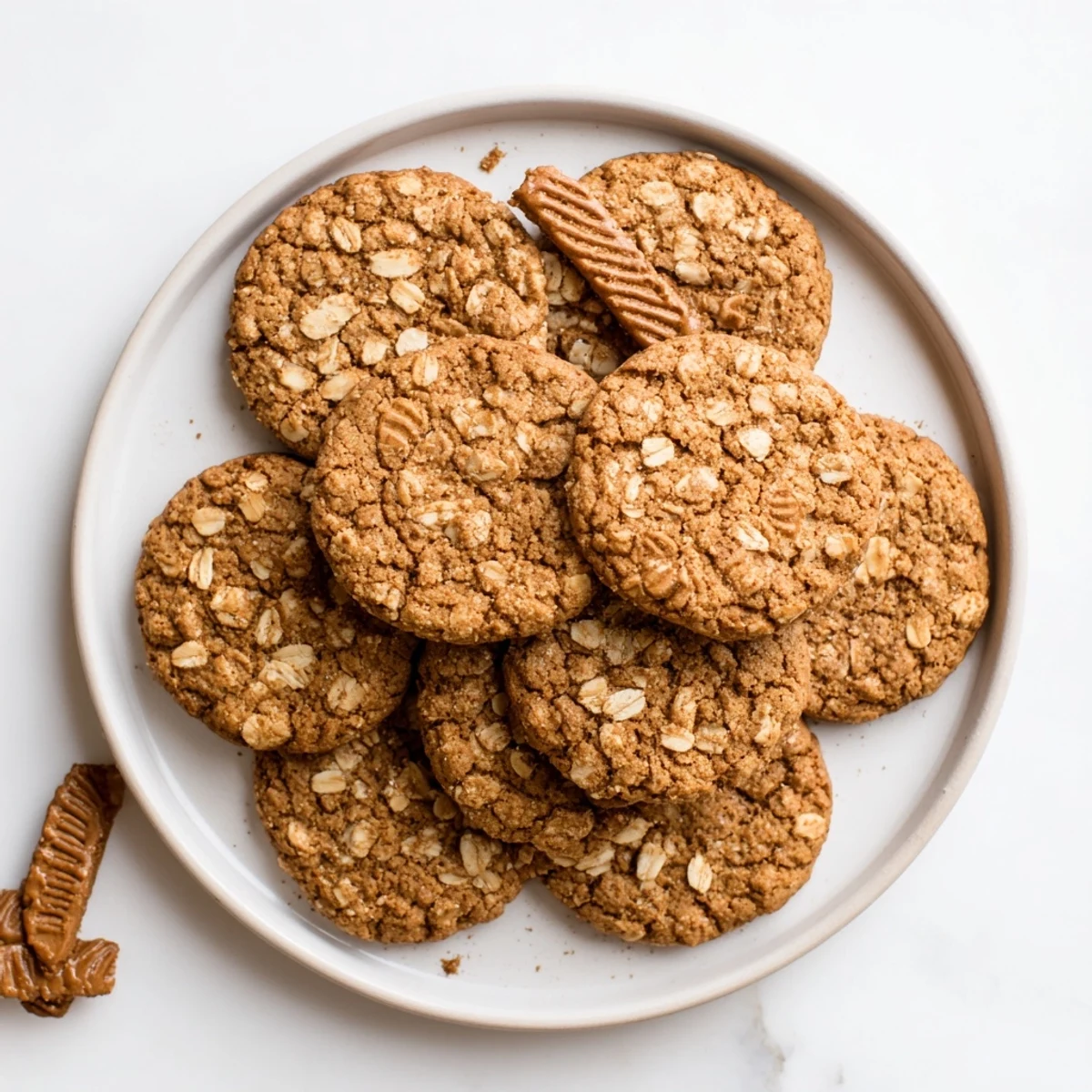 Chewy Biscoff oatmeal cookies topped with crunchy lotus biscuits on a white ceramic plate