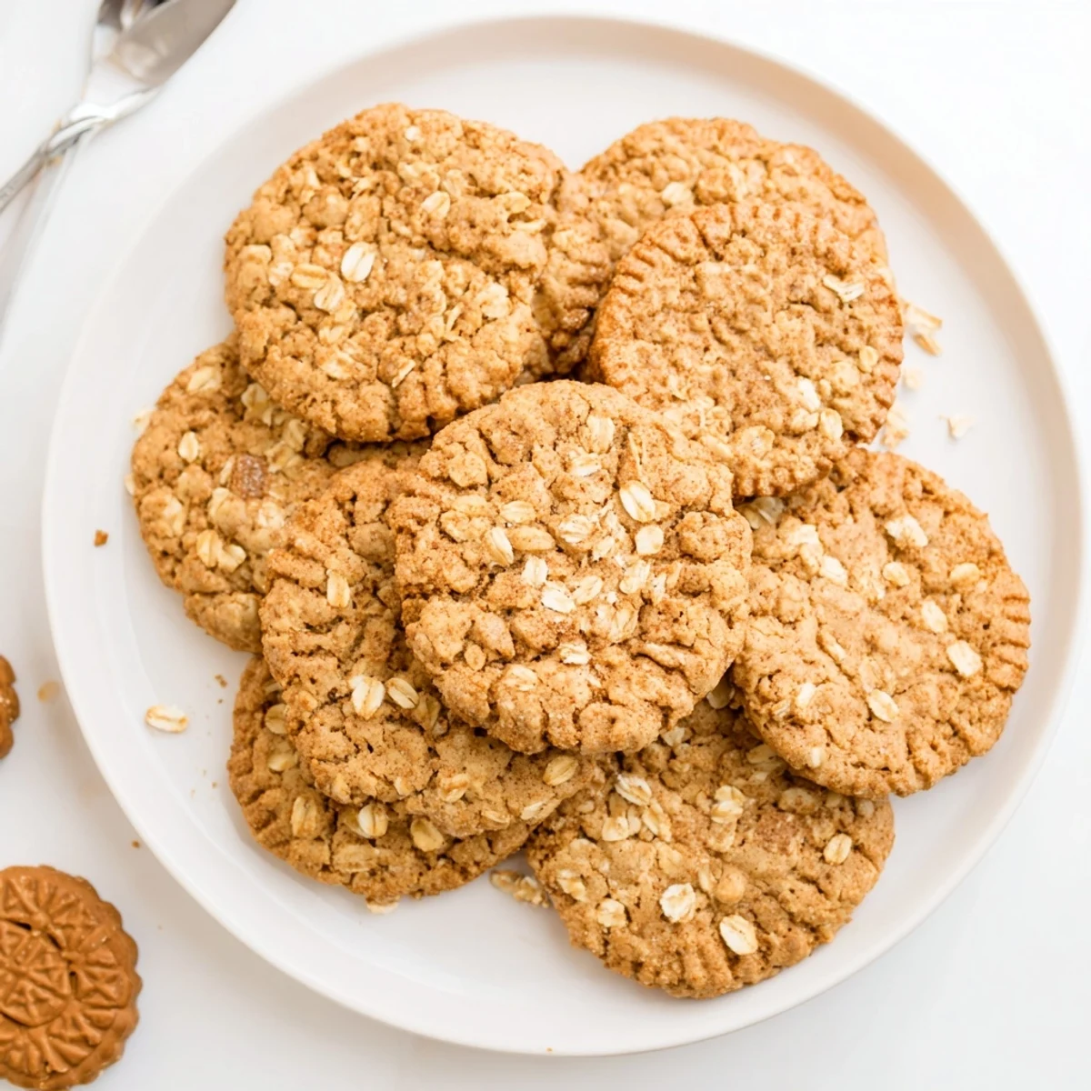 Freshly baked caramel-spice Biscoff oatmeal lotus cookies cooling on a wire rack with tea