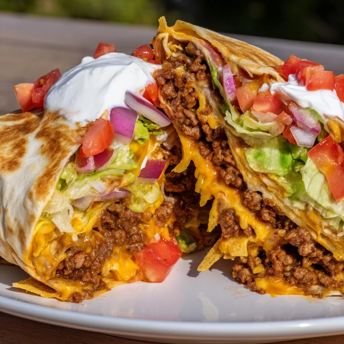 Ultimate Cheesy Beef Crunch Wraps halved to reveal molten cheese and seasoned beef