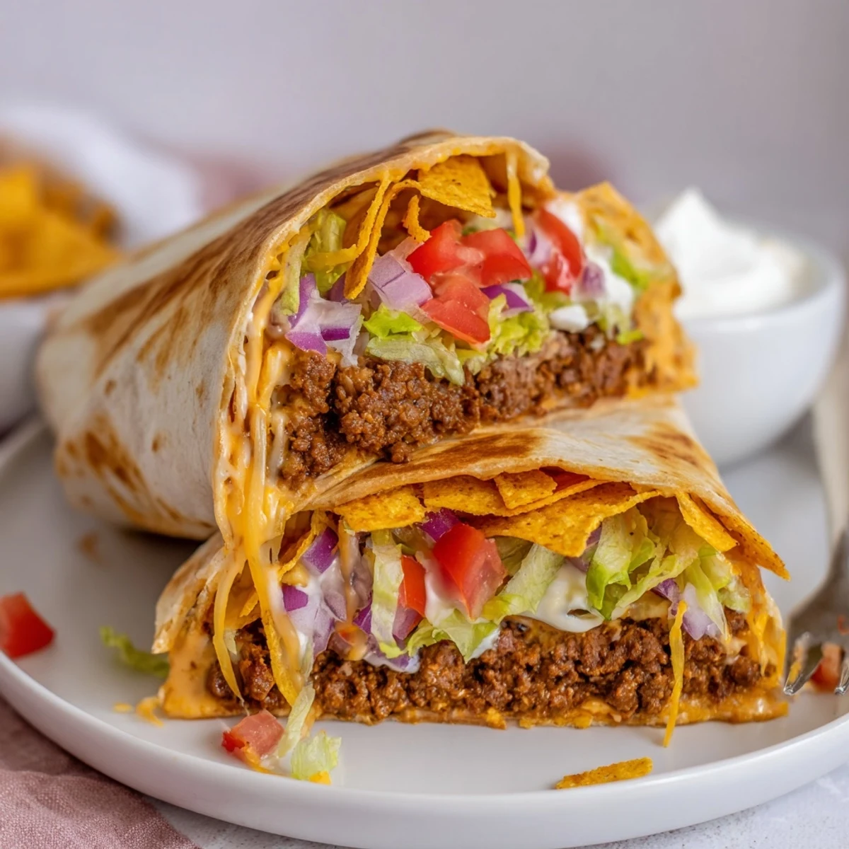 Crispy skillet-toasted Ultimate Cheesy Beef Crunch Wraps served with sour cream