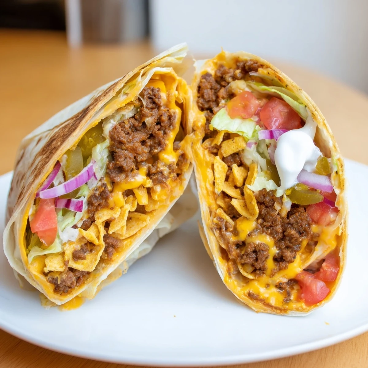 Warm Ultimate Cheesy Beef Crunch Wraps sliced, crunchy tostada center and fresh salsa
