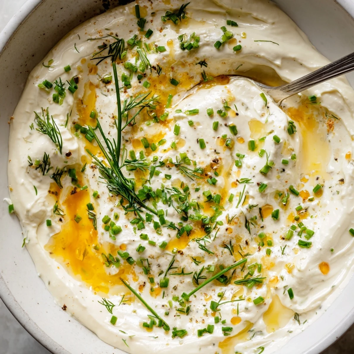 Hot Honey Ranch Dip glistening with honey drizzle, chilled, served with veggies