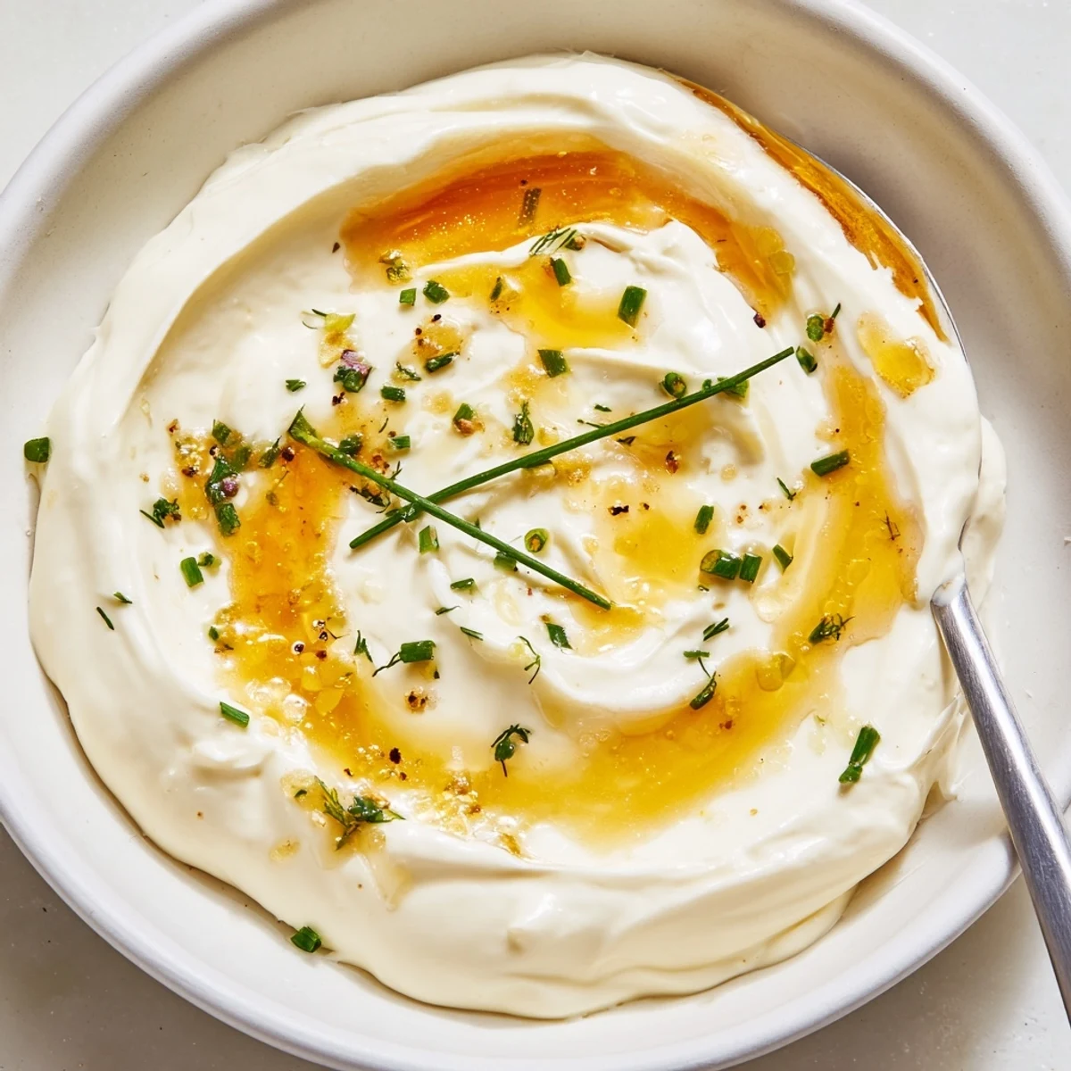 Chilled Hot Honey Ranch Dip with fresh chives and a spicy, sweet finish