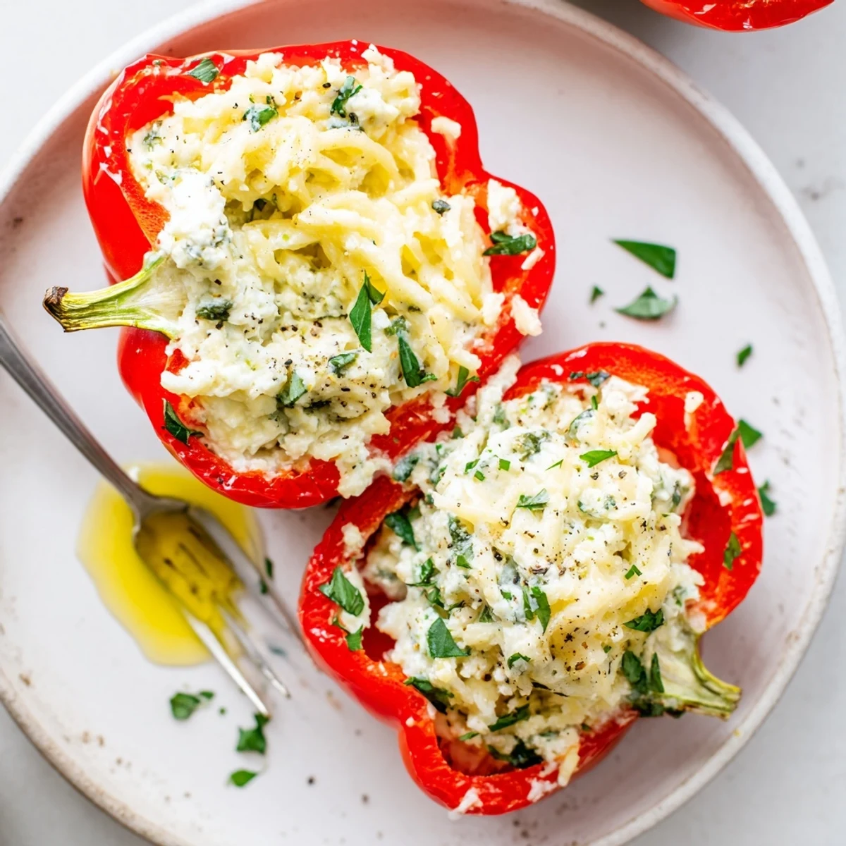 Warm Herby Ricotta Stuffed Peppers served with crusty bread and fresh herbs