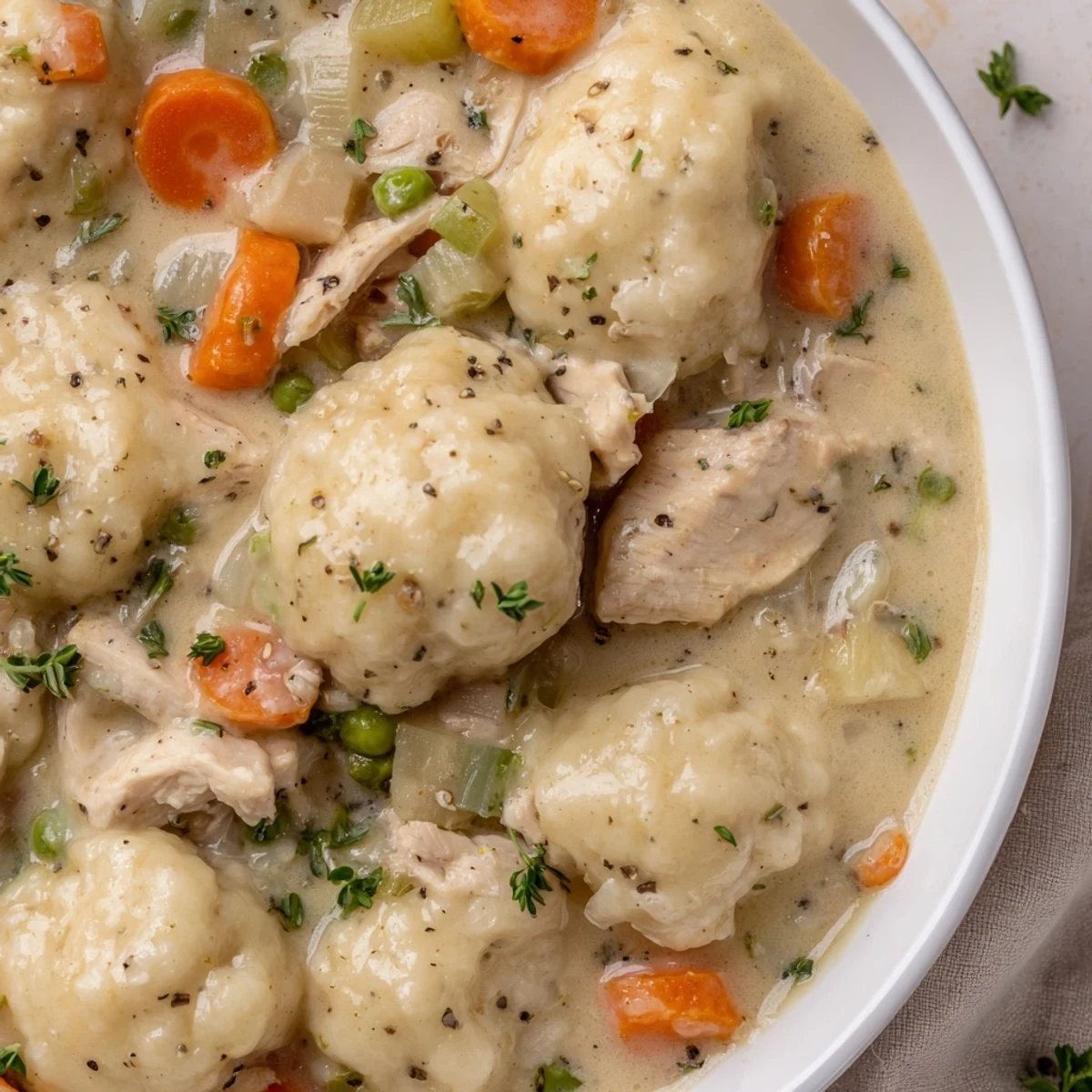 Hearty One Pot Chicken And Dumplings simmering in a Dutch oven, served hot.