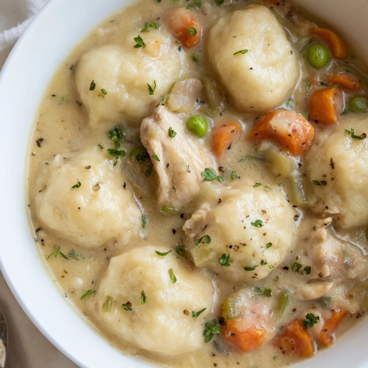 Classic One Pot Chicken And Dumplings ladled into bowls, garnished with fresh parsley.