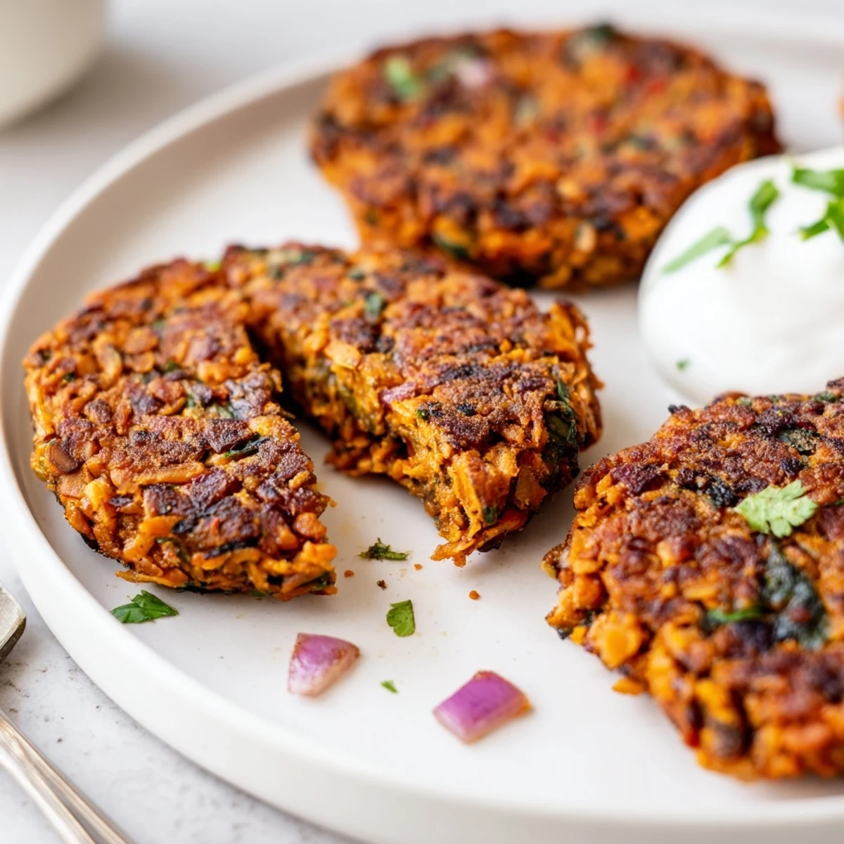 Crispy Sweet Potato Lentil Patties sizzling golden in skillet, served with yogurt.