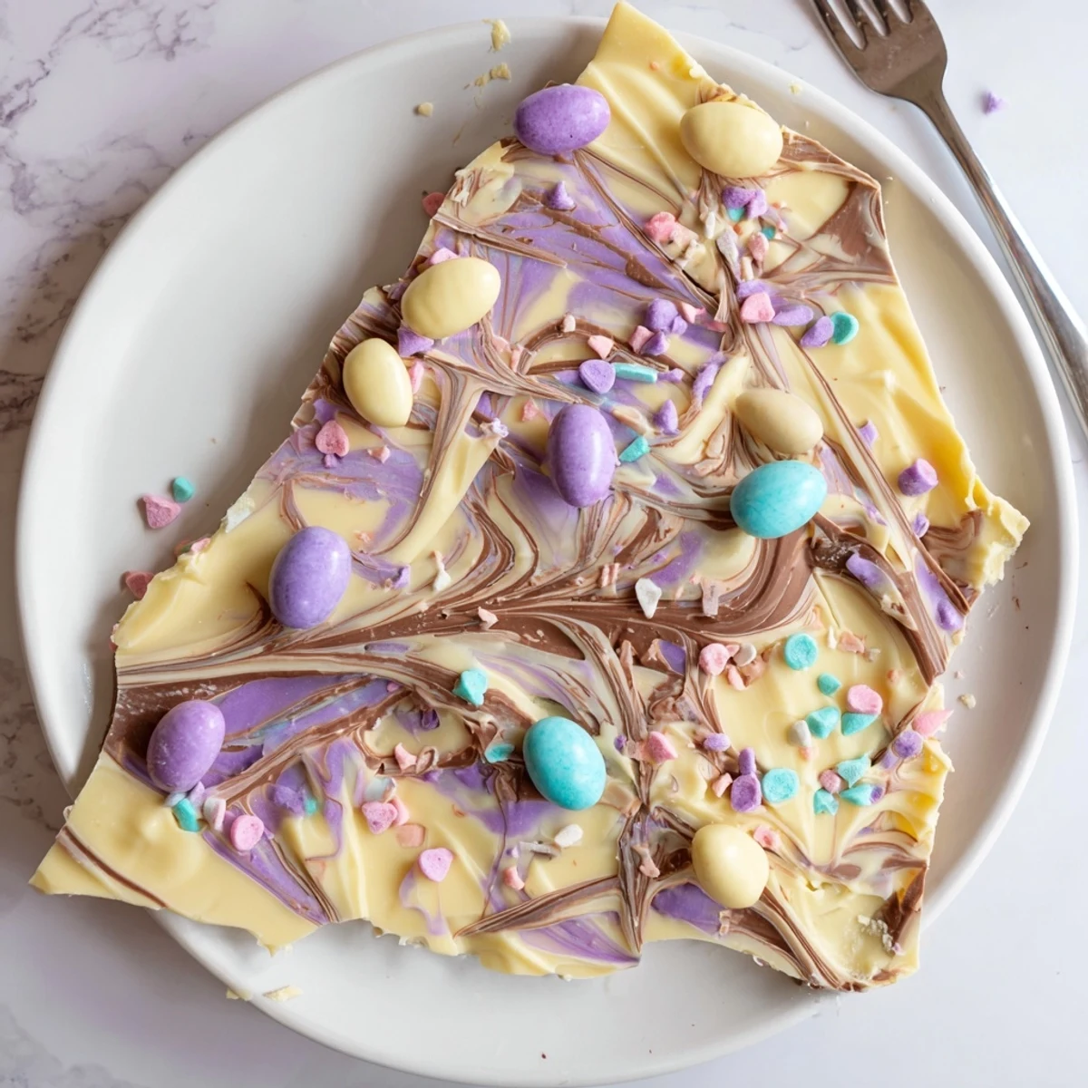 Robin Egg Easter Bark with candy robin eggs, marbled chocolate and sprinkles