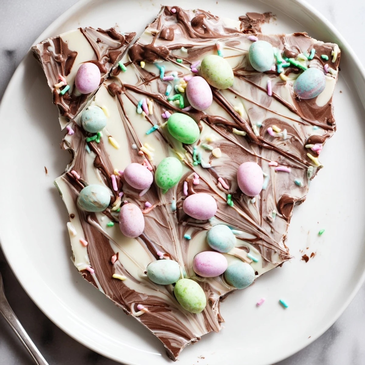 Broken pieces of Robin Egg Easter Bark on plate, glossy swirls and candies
