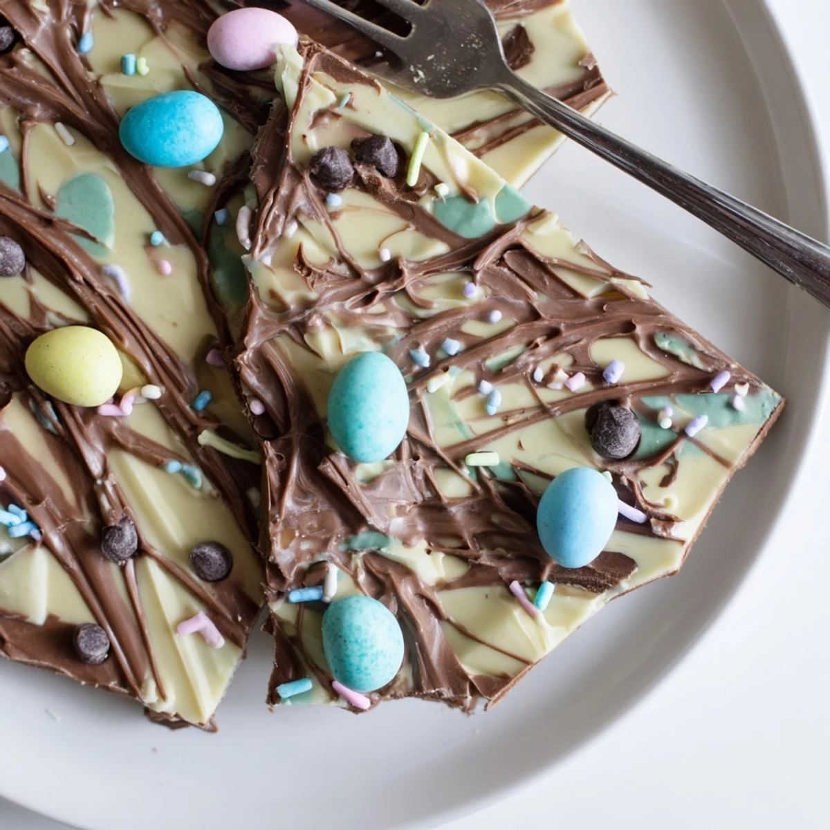 Rustic Robin Egg Easter Bark on parchment, pastel sprinkles and crunchy bites
