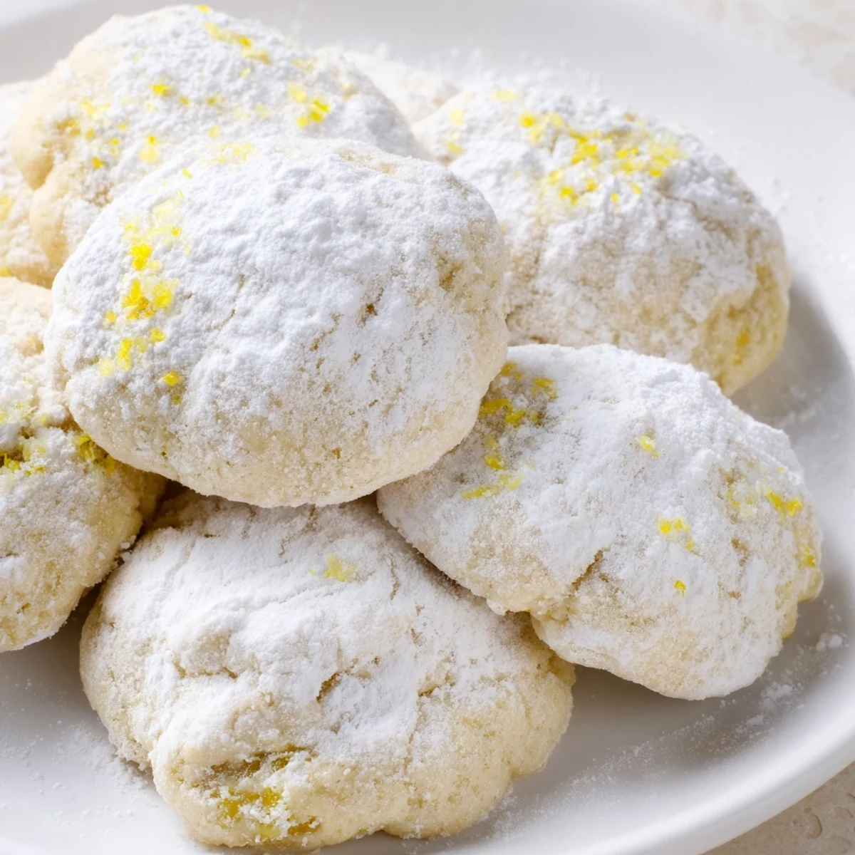 Soft lemon pixie cookies dusted with white powdered sugar on a cooling rack