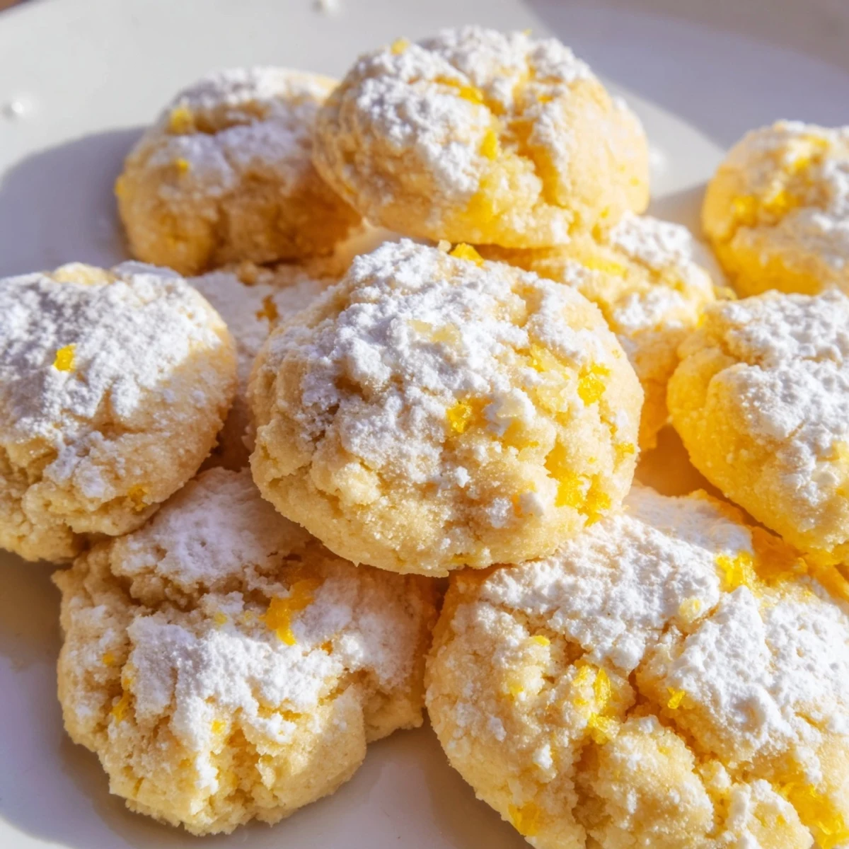 Chewy lemon pixie cookies rolled in powdered sugar with fresh lemon zest garnish