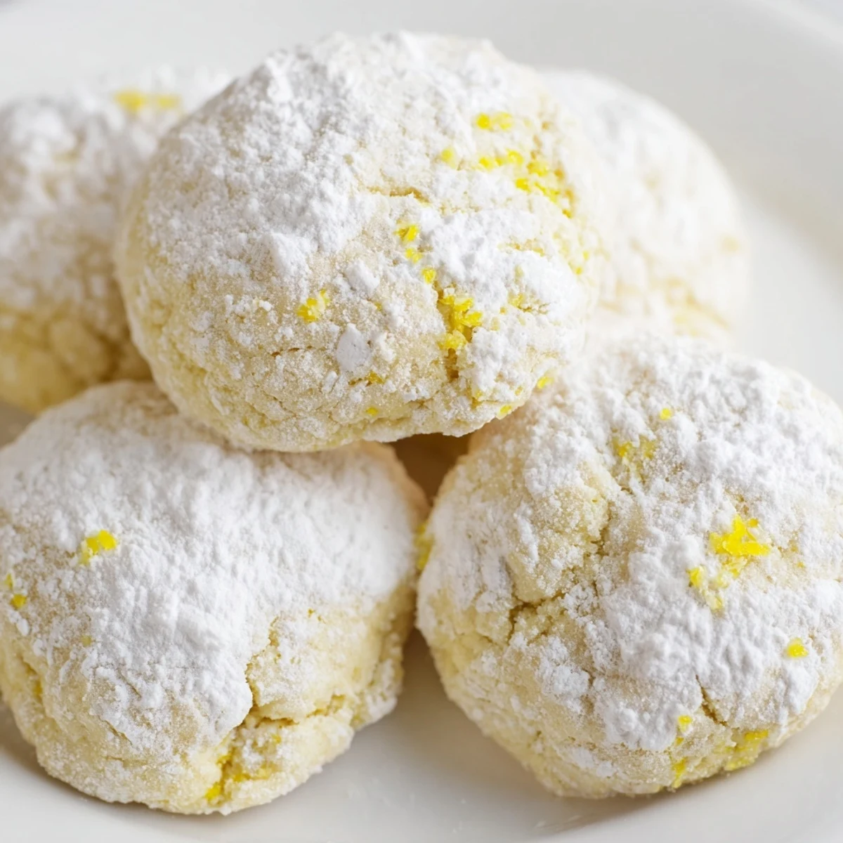 Golden lemon pixie cookies with sugary coating stacked on a white serving plate