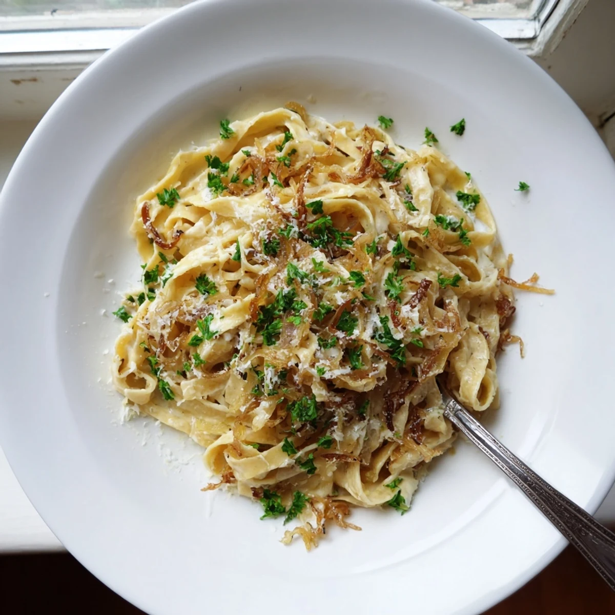 Velvety Parmesan cream sauce clings to al dente pasta topped with sweet slow-cooked onions