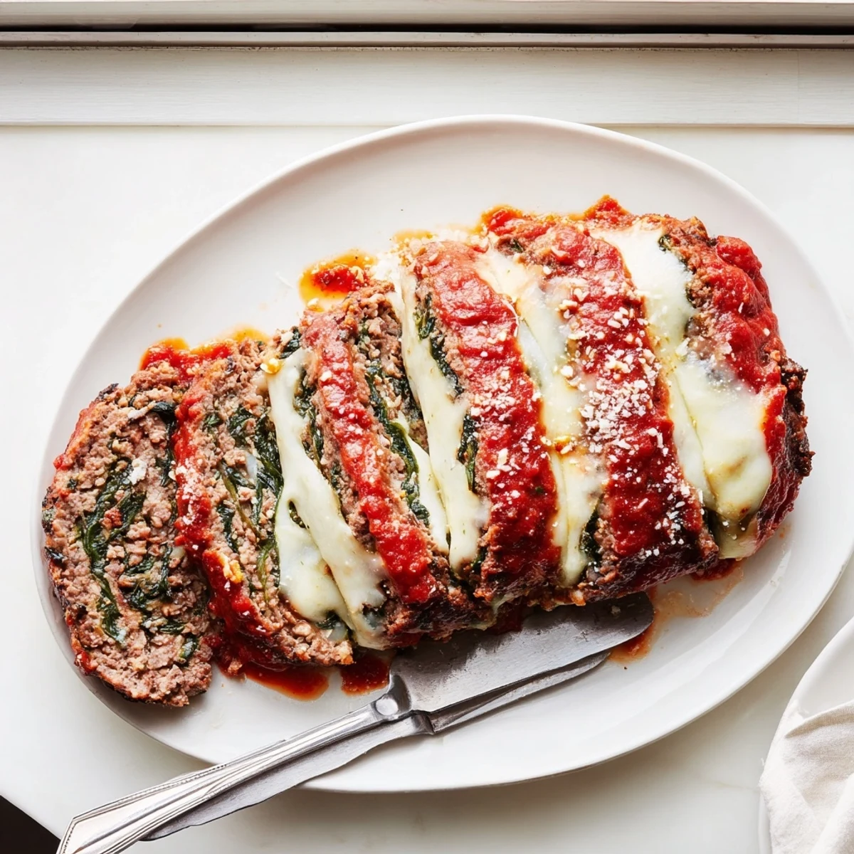 Golden brown Italian spinach mozzarella meatloaf slices with melted cheese and vibrant green spinach flecks throughout