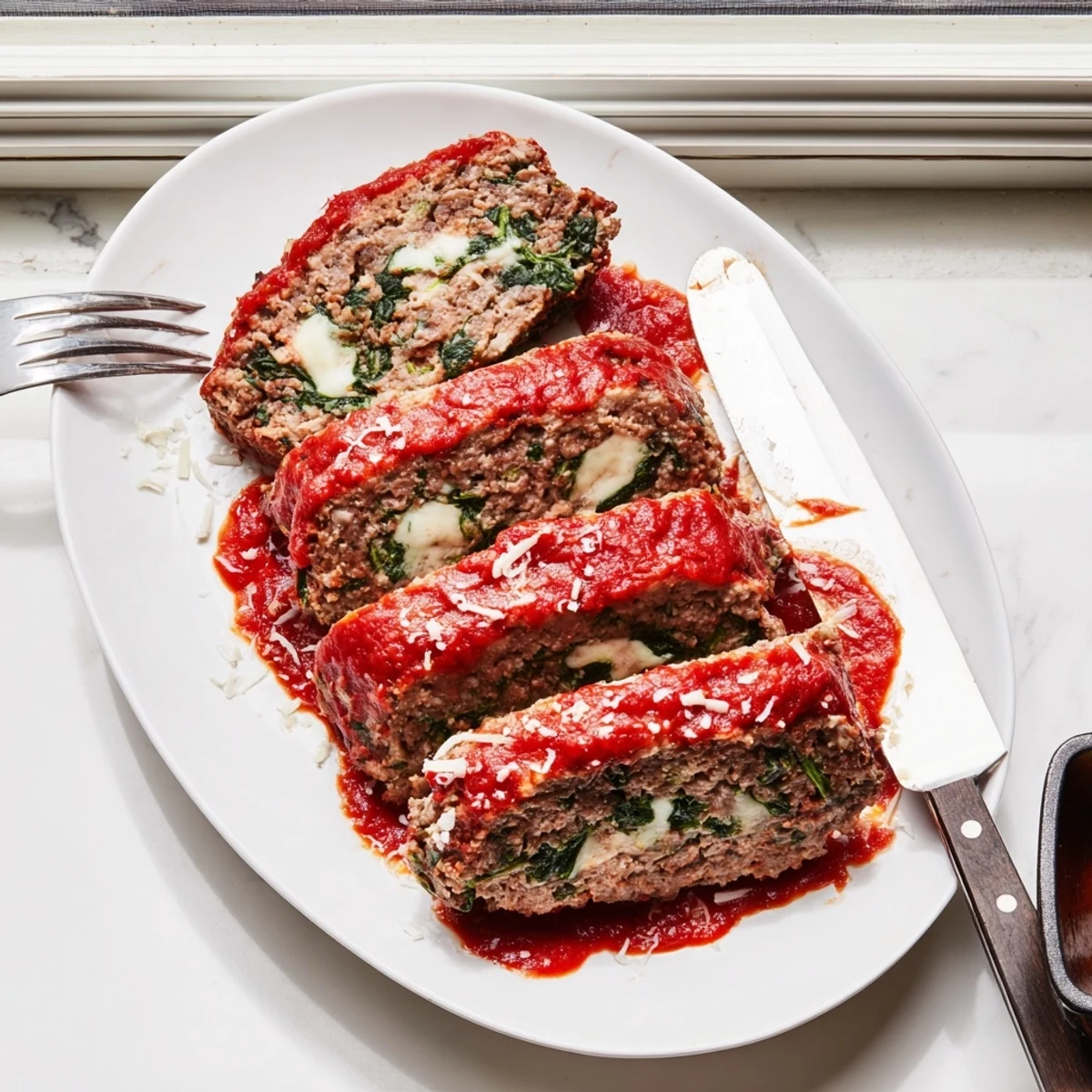 Whole Italian spinach mozzarella meatloaf glazed with marinara sauce and topped with bubbling mozzarella cheese