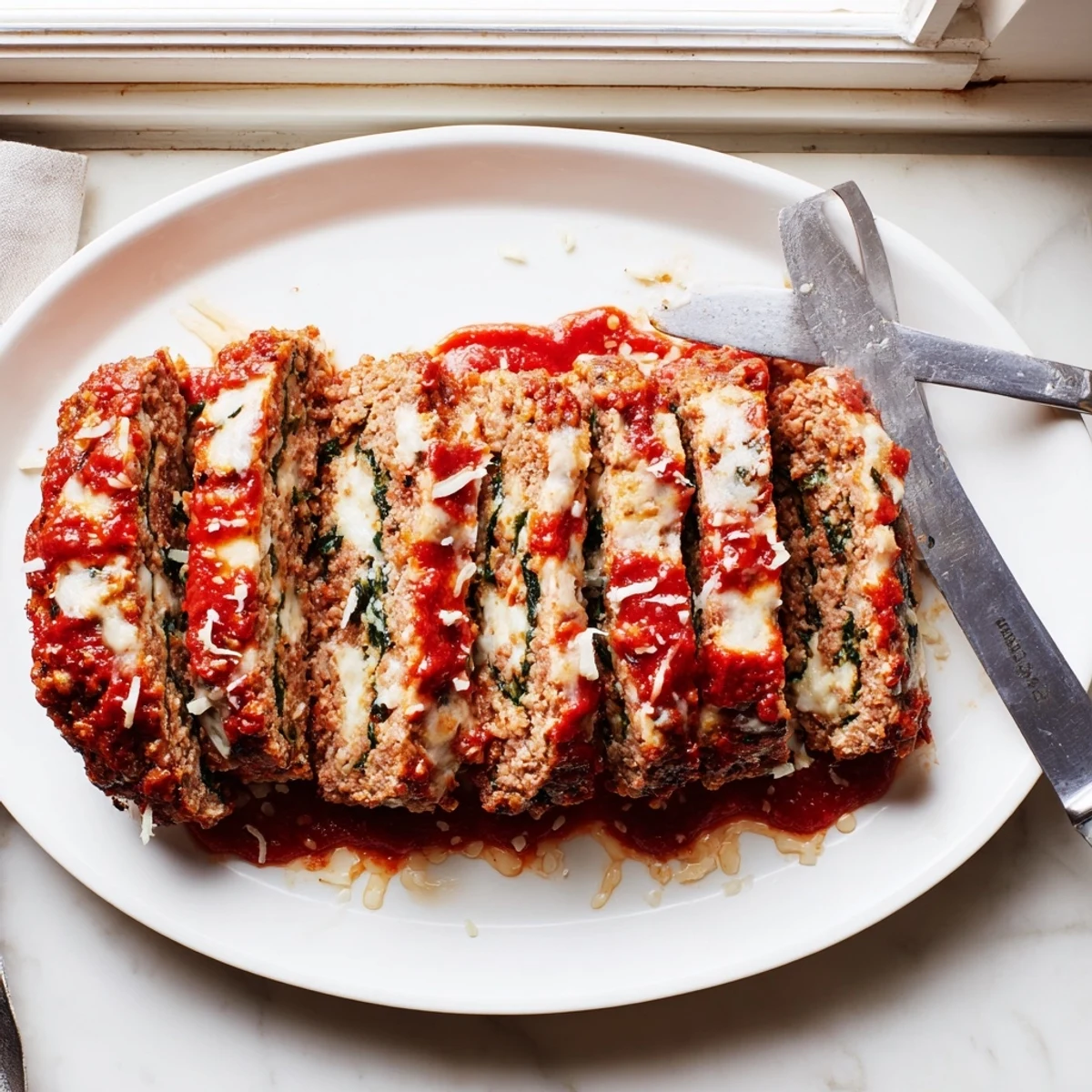 Savory baked Italian spinach mozzarella meatloaf plated with a side of rich marinara for dipping