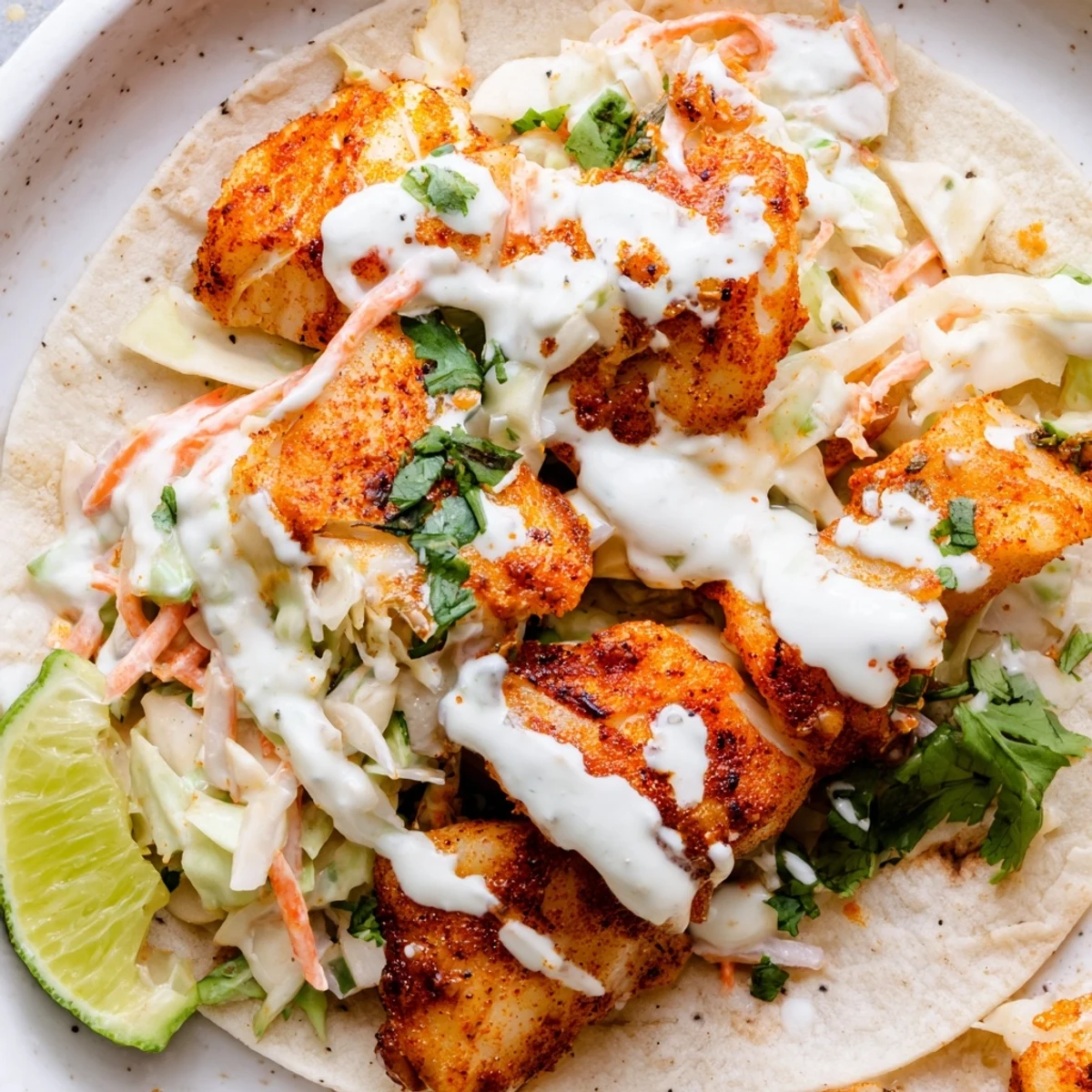Flaky baked cod fish tacos stacked in warm tortillas with fresh cilantro and creamy lime sauce