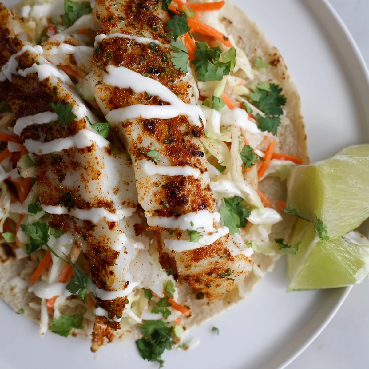 Golden baked cod fish tacos topped with crunchy cabbage slaw and zesty lime crema drizzle