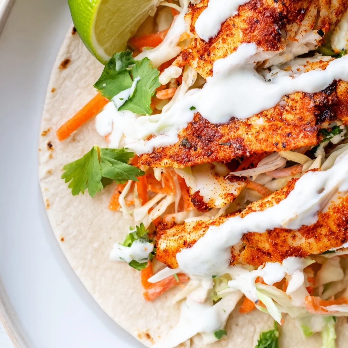 Mouthwatering baked cod fish tacos featuring seasoned fish, colorful vegetable slaw, and tangy crema garnish