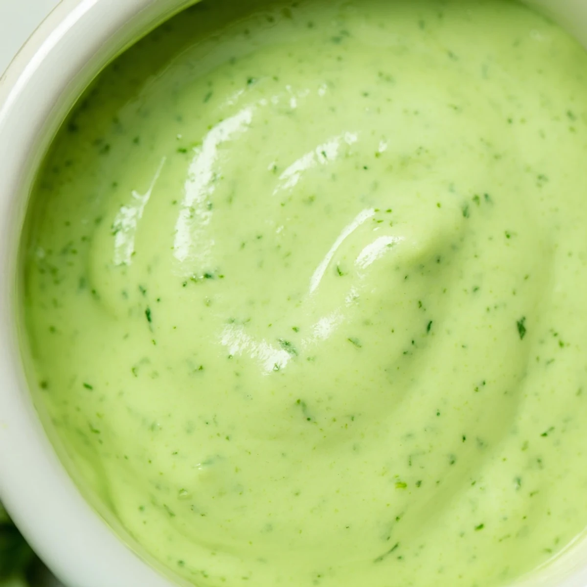 Vibrant green creamy cilantro lime sauce served in a small white dipping bowl