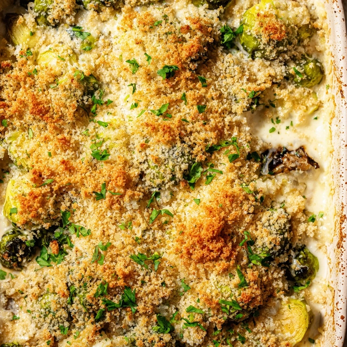 Golden bubbly creamy Parmesan Brussels sprouts casserole topped with crispy panko breadcrumbs and fresh parsley