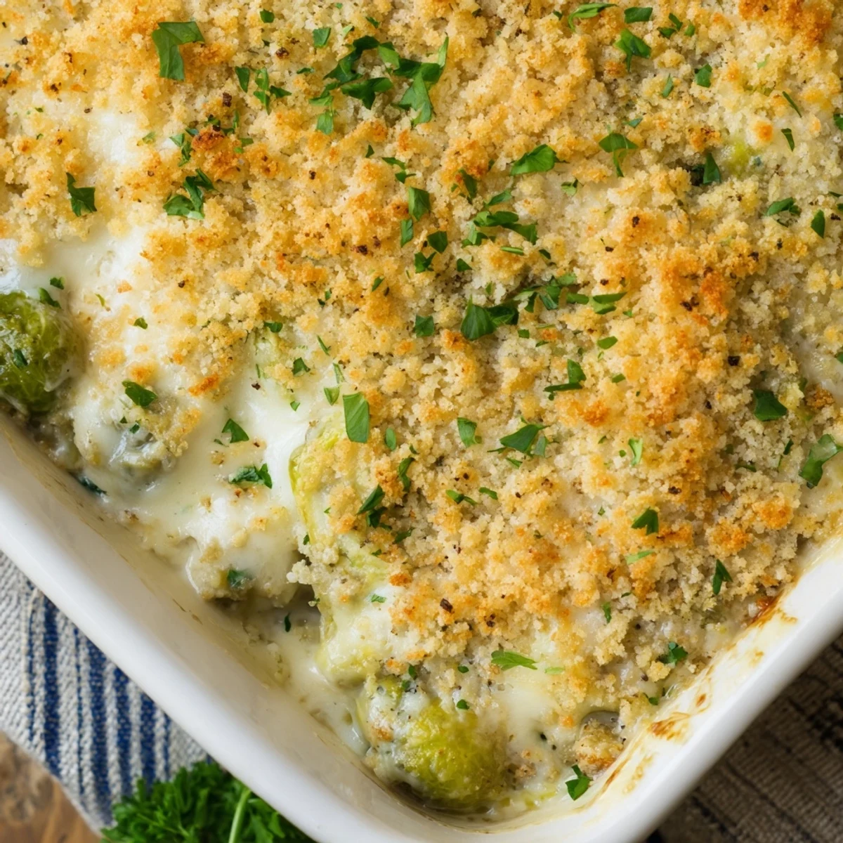 Baked halved Brussels sprouts swimming in rich cheesy white sauce with melted mozzarella and grated Parmesan