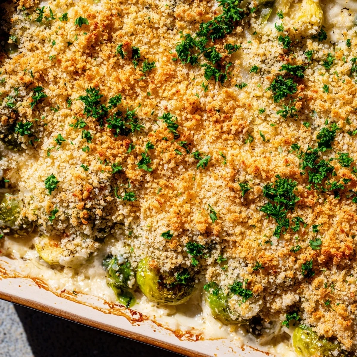 Comforting homemade creamy Parmesan Brussels sprouts casserole fresh from the oven with steam rising and golden cheese