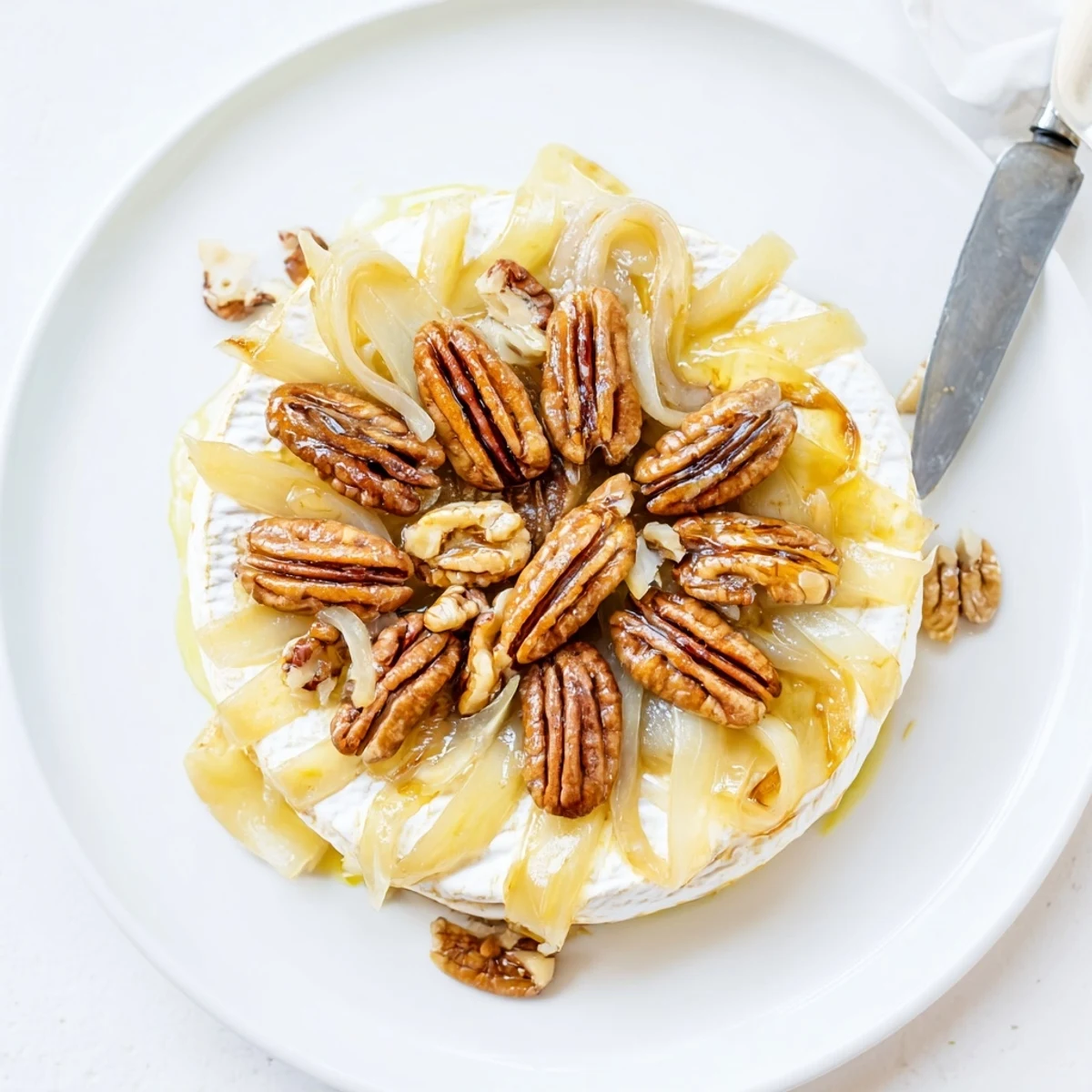 Warm baked brie appetizer melting gently under golden brown onions and crunchy pecan halves